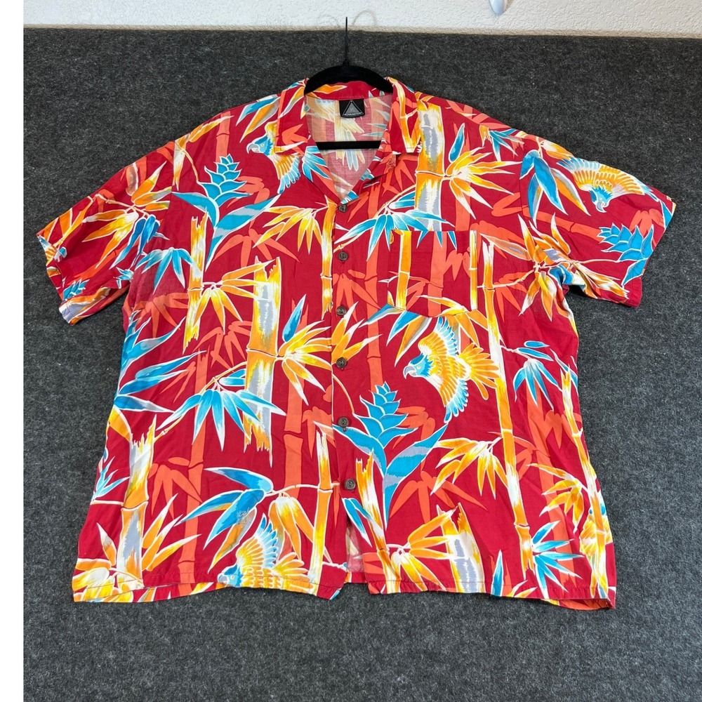 Kennington Tropical Bird Bamboo Print Button Down Shirt Red Short Sleeve Mens XL